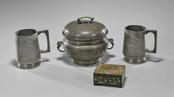 Three Chinese Pewter Items & Enameled Box (1 of 1)