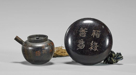 Two Carved Wood Netsuke: Tea Kettle & Manju (1 of 1)