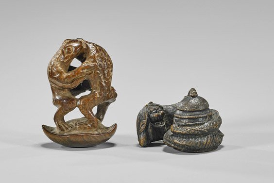 Two Carved Wood Netsuke: Toads & Oni (1 of 2)