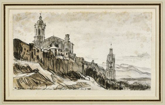 TWO DRAWINGS BY SIR MUIRHEAD BONE: TWO DRAWINGS BY SIR MUIRHEAD BONETwo drawings by Sir Muirhead Bone (Scottish 1876-1953): graphite on paper, depicting landscape of sprawling fields, with a building at center, signed lower right withi