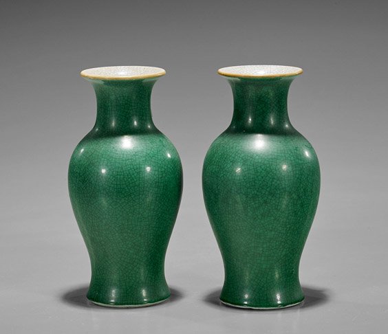 Pair Old Chinese Green Crackle Vases (1 of 1)