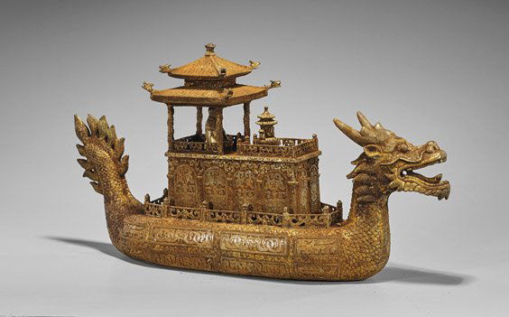 Archaistic Chinese Gilt Hardstone Dragon Boat (1 of 1)