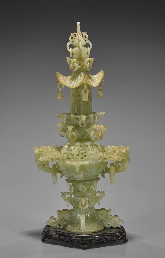 Tall Chinese Carved Bowenite Censer: Tall Chinese Carved Bowenite CenserTall Chinese carved bowenite sectional censer; of spherical body atop pedestal base with elaborate dragon head handles, surmounted by a pavilion; several bands of lo