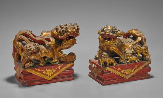 Pair Chinese Polychrome Stone Fo Lions (1 of 1)