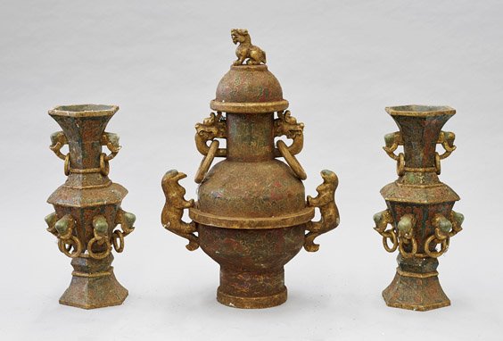 Three Tall Chinese Polychrome Stone Vases (1 of 1)