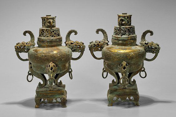 Pair Archaistic Chinese Gilt Bronze Censers (1 of 1)