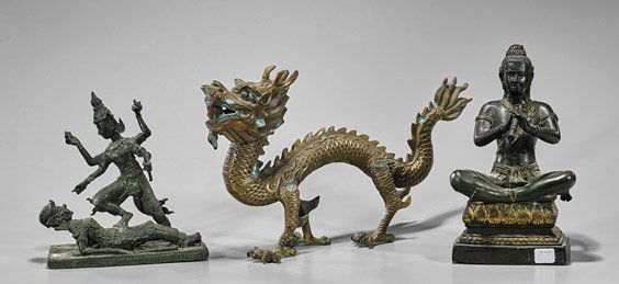 Three Thai Bronze Figures & Dragon (1 of 1)