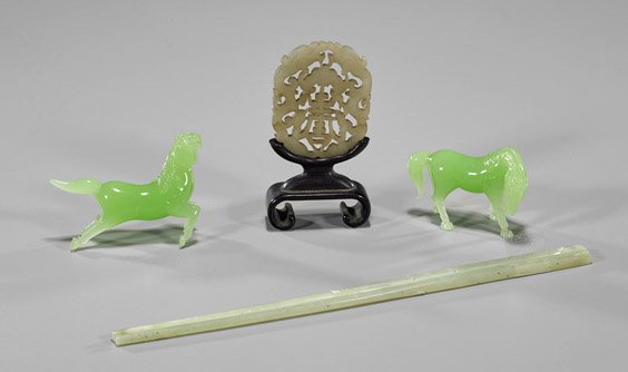 Seven Chinese Carvings: Soapstone & Bowenite: Seven Chinese Carvings: Soapstone & Bowenite Group of seven Chinese carvings; bowenite--pair of chopsticks, Shou plaque, and pair of horses; together with soapstone groups-- double urn, monkeys and Bu