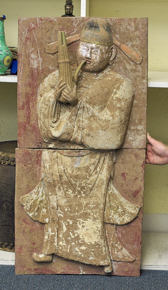 Chinese Painted Pottery Scholar Panel: Chinese Painted Pottery Scholar Panel Chinese painted pottery panel; depicting a scholar playing a sheng (split at center); L: 19" (each)