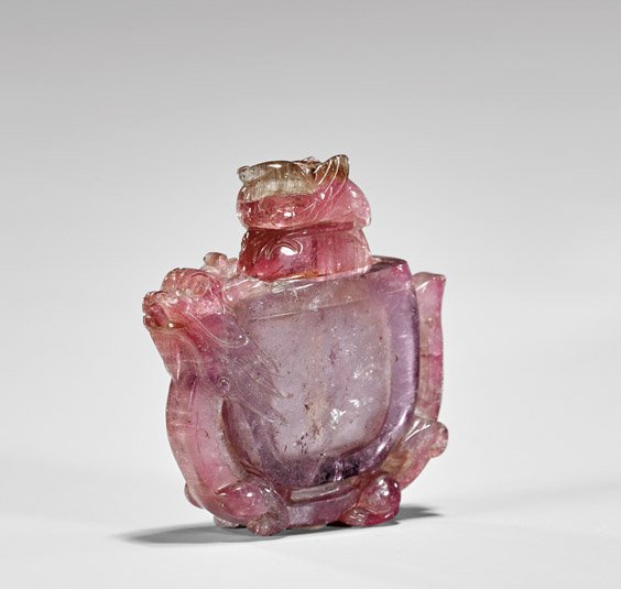 CARVED PINK TOURMALINE SNUFF BOTTLE (1 of 2)