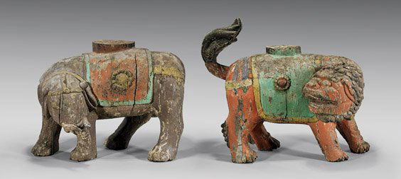 PAIR ANTIQUE CARVED WOOD FO LION & ELEPHANT (1 of 1)