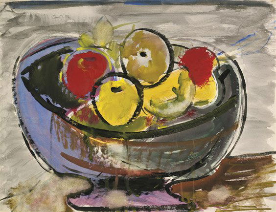 FRUIT IN A BOWL PAINTING BY WEBER: FRUIT IN A BOWL PAINTING BY WEBERFramed watercolor and gouache on paper painting by Max Weber (American, 1881-1961); depicting a stylized large bowl of various fruit in vibrant hues; dated June 7, ‘