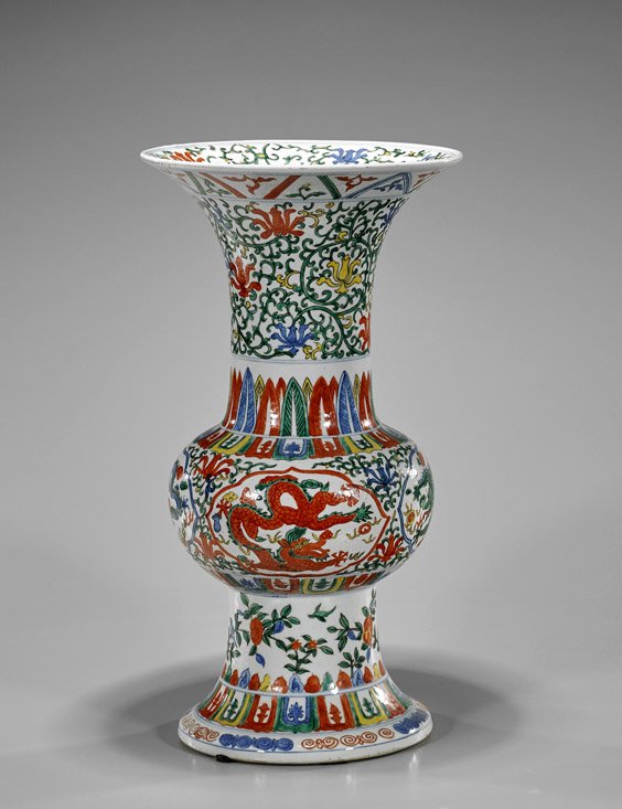 Chinese Wucai Porcelain Gu Vase: Chinese Wucai Porcelain Gu Vase Chinese wucai glazed porcelain vase; of beaker (gu) form; H: 18"