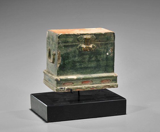 Ming Dynasty Glazed Pottery Chest: Ming Dynasty Glazed Pottery Chest Chinese Ming Dynasty green glazed pottery chest; of rectangular form atop a plinth, with moulded handles and locks (degradation and wear); H: 5 1/2"