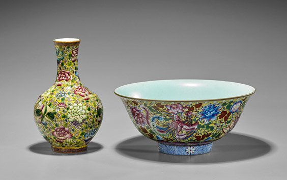 Two Mille Fleur Yellow Ground Porcelains (1 of 2)