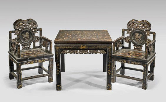 Pair Chinese Lacquer Chairs & Table (1 of 1)