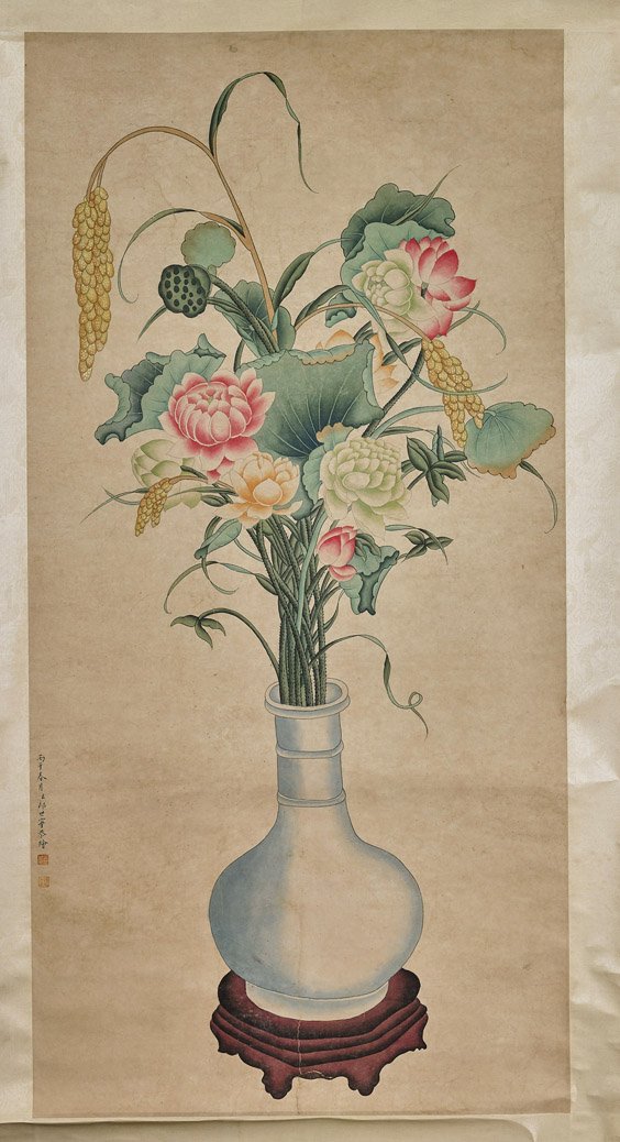 Two Chinese Paper Scrolls: Flowers & Bird (1 of 4)