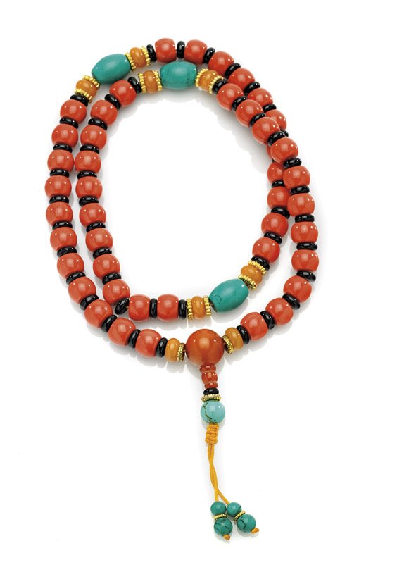 BUDDHIST CORAL PRAYER BEAD NECKLACE (1 of 1)