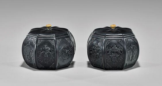 PAIR CARVED HARDWOOD COVERED BOXES (1 of 2)