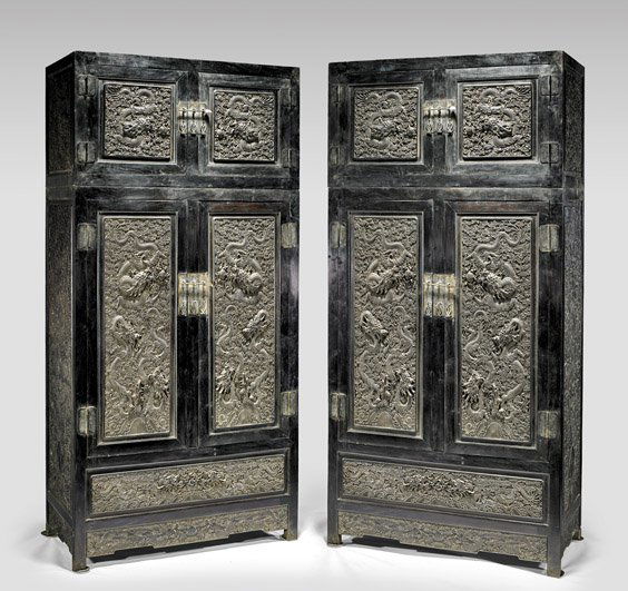 PAIR LARGE CARVED ZITAN WOOD CABINETS (1 of 1)