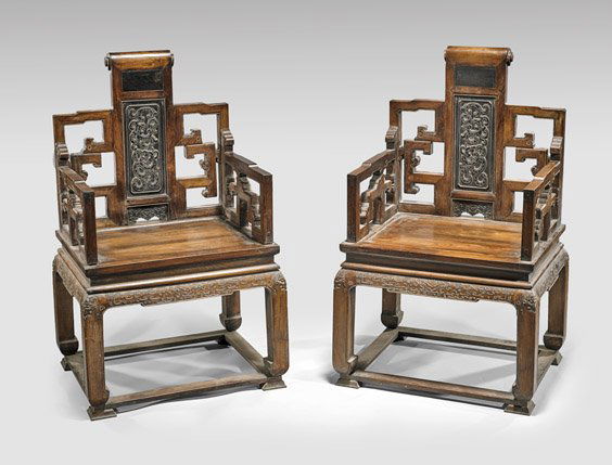 PAIR CARVED HUANGHUALI ARMCHAIRS (1 of 1)