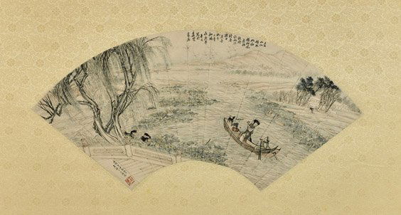 Two Chinese Paper Fan Paintings: Figures in Boats (1 of 4)