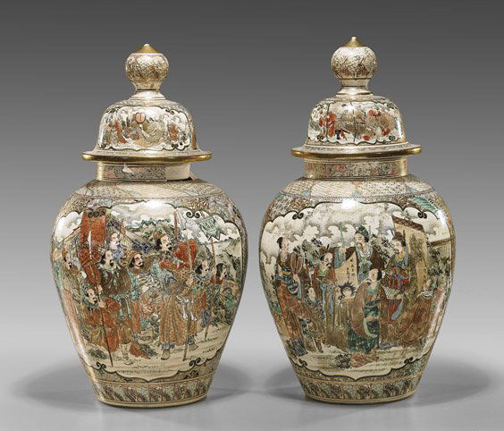 Pair Antique Satsuma Covered Jars (1 of 1)