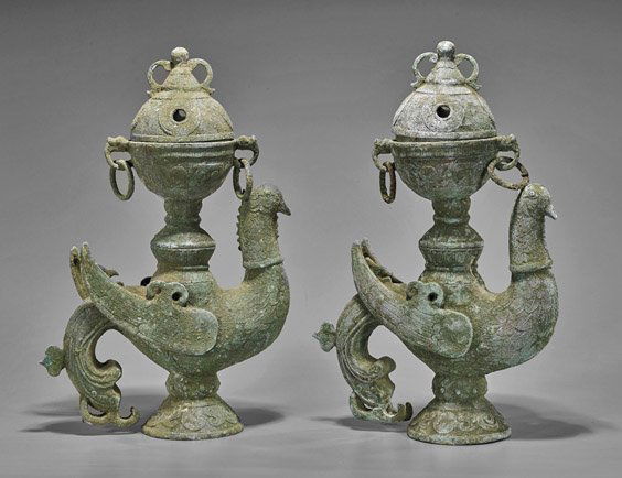 Pair Chinese Bronze Phoenix Censers (1 of 1)