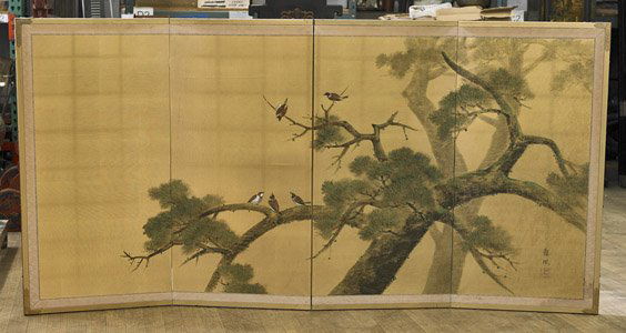 Chinese Silk 4-Panel Screen: Birds (1 of 2)