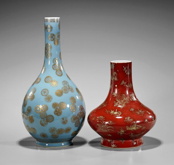 Two Qianlong-Style Monochrome & Gilt Vases (1 of 2)