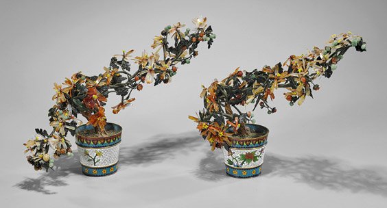 Pair Old Hardstone 'Trees' in Cloisonné Pots (1 of 1)