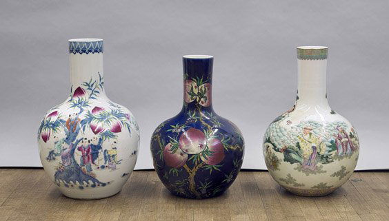 Three Tall Famille Rose Bottle Vases (1 of 1)