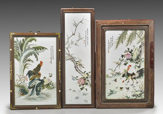 Three Famille Rose Plaques: Crane & Roosters (1 of 4)