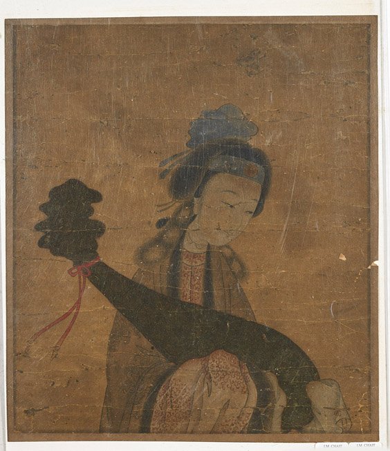 Antique Chinese Paper Painting: Female Musician: Antique Chinese Paper Painting: Female Musician Antique Chinese, probably Ming Dynasty, ink and color on paper painting; depicting a female musician holding a pipa; 12 1/2" x 11"