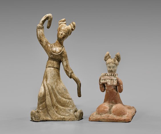 TWO ANTIQUE POTTERY FIGURES: Dancer & Musician (1 of 2)