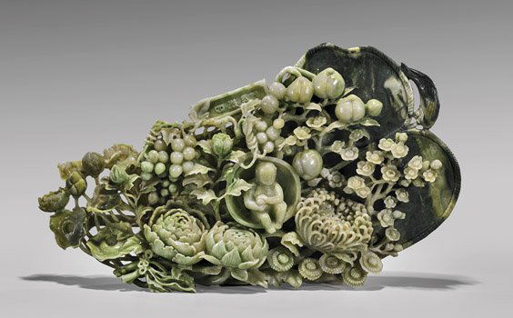 LARGE CARVED JADE PLAQUE: Fruit & Floral (1 of 2)