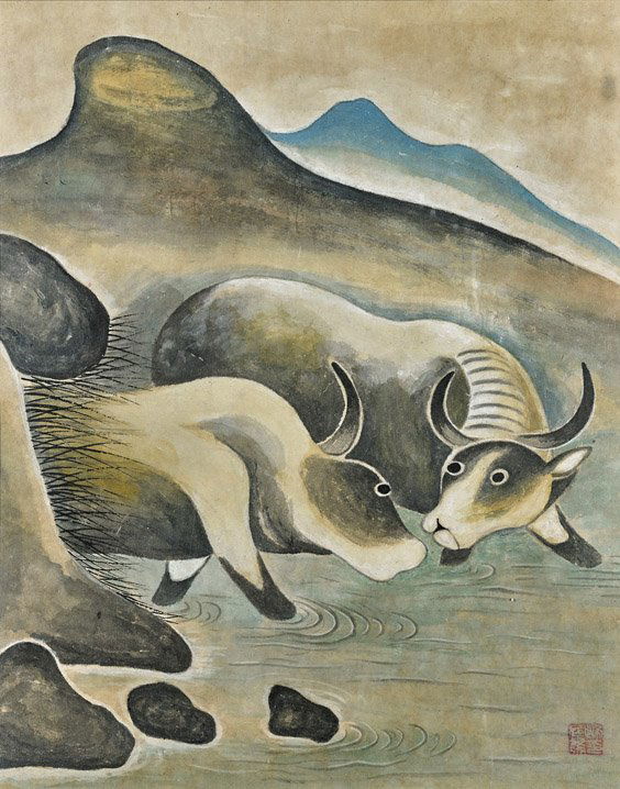 KOREAN CHOSON DYNASTY FOLK PAINTING: Water Buffalo (1 of 2)