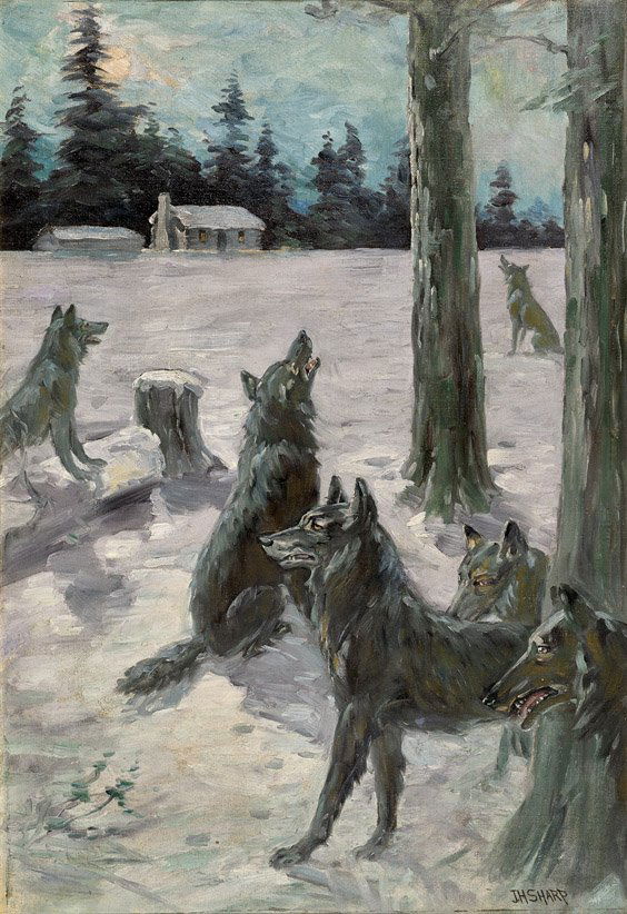 OIL PAINTING BY JOSEPH HENRY SHARPE: OIL PAINTING BY JOSEPH HENRY SHARPEOil on canvas, laid on board, painting by Joseph Henry Sharp (American, 1859-1953); entitled "The Wolf Clan"; depicting wolves calling in the rising moonlight of a s