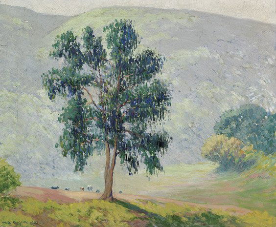 AMERICAN OIL PAINTING BY WILLIAM A. GRIFFITH: AMERICAN OIL PAINTING BY WILLIAM A. GRIFFITHOil on canvas painting by California plein-air artist William Alexander Griffith (American, 1866-1940); depicting a large tree in landscape pale muted blue,