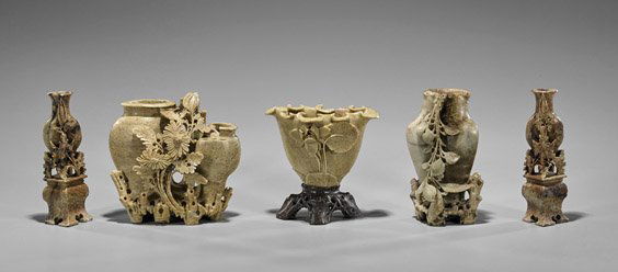 Five Chinese Carved Soapstone Vases (1 of 1)