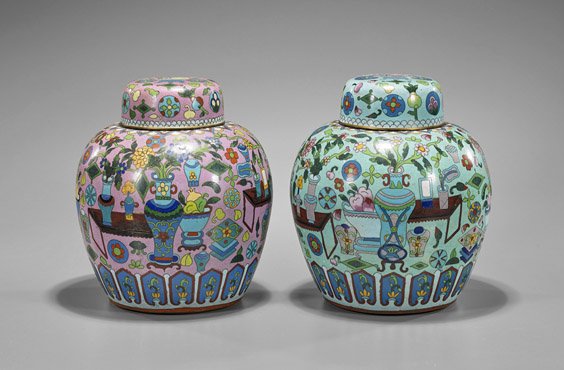 Pair Chinese Cloisonné Enamel Jars (1 of 2)