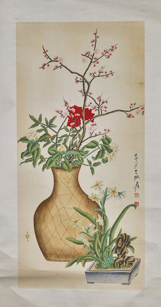 Two Chinese Paper Scrolls: Potted Flowers (1 of 4)
