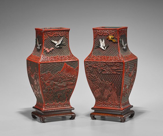 Pair Qianlong-Style Cinnabar-Like Appliqué Vases (1 of 3)