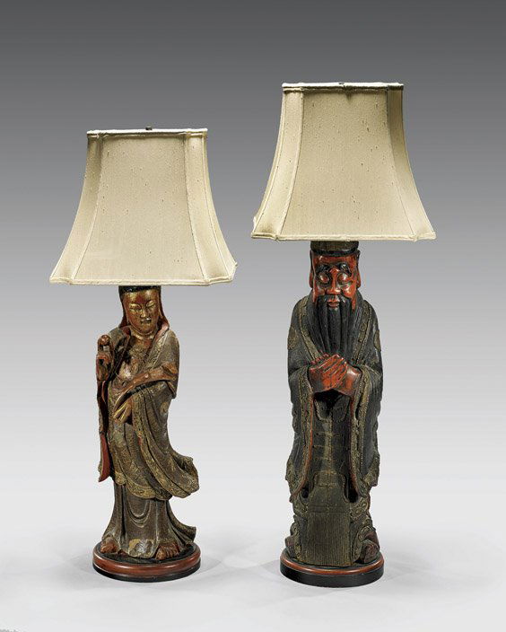 Pair Chinese Wood Figures/Lamps (1 of 1)