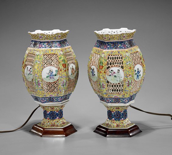Pair Antique Famille Rose Wedding Lamps (1 of 1)