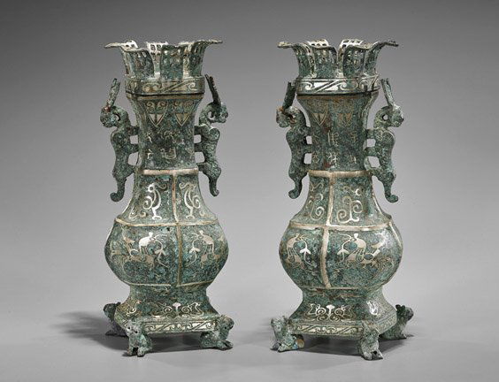 Pair Archaistic Chinese Inlaid Bronze Hu Vases (1 of 1)