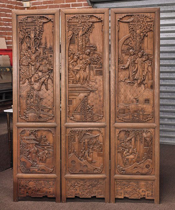 Chinese Carved Hardwood 3-Panel Screen (1 of 1)