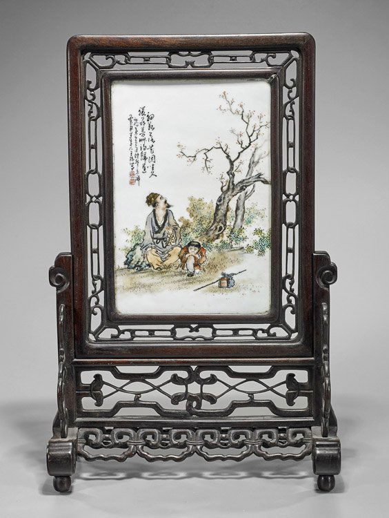 Chinese Enameled Porcelain & Wood Tablescreen (1 of 2)