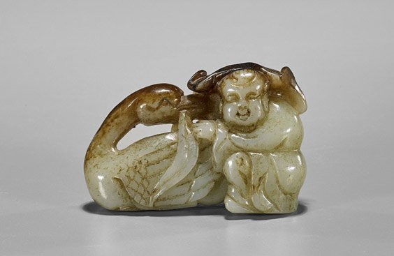 Ming-Style Celadon Jade Toggle: Boy & Duck (1 of 2)