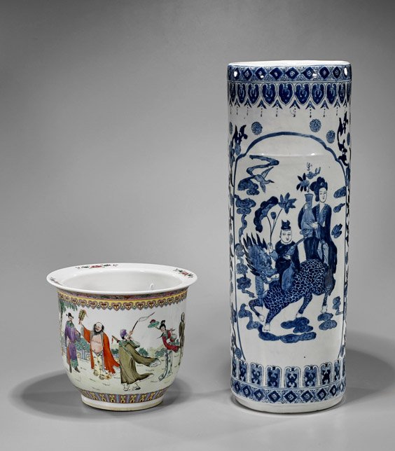 Two Chinese Porcelain Vases: Two Chinese Porcelain Vases Chinese blue and white porcelain umbrella stand; together with Famille Rose enameled jardinière depicting the Eight Immortals; H: 24" (taller)
